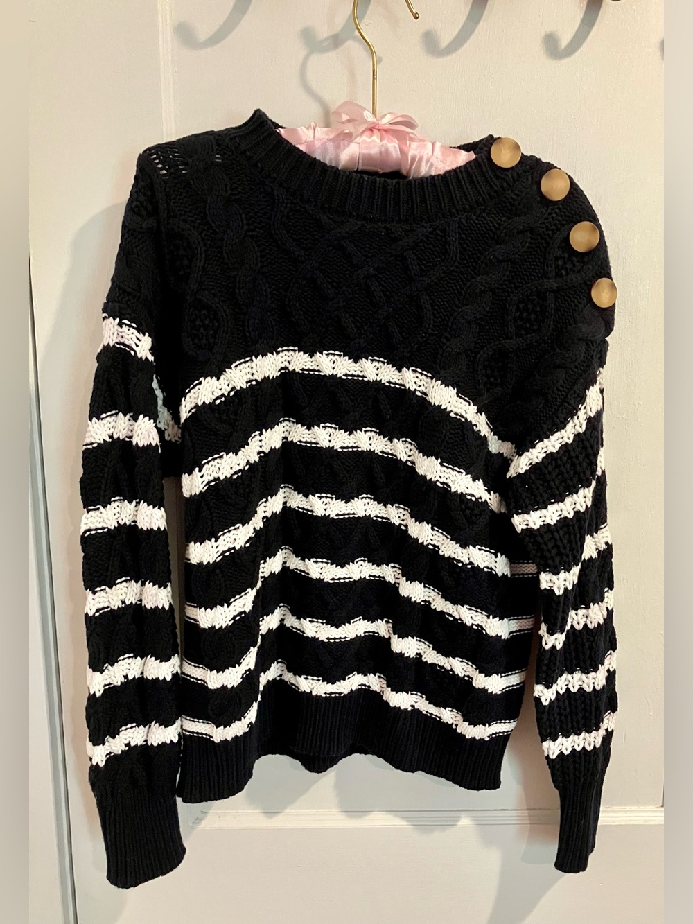 Autres Filles, Navy & White Striped Cable Knit Sweater with Shoulder Buttons.